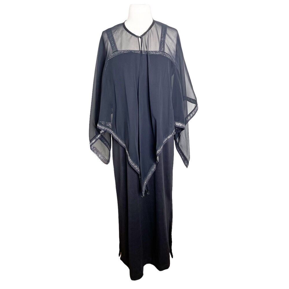 Vintage 70s M Medium Black Sun Dress Maxi‎ Chiffon Shawl Greek Metallic Trim